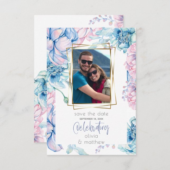 Wedding | Sky Blue and Bubblegum Pink Peonies Invitation (Front/Back)