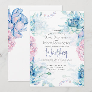Wedding Sky Blue and Bubblegum Pink Peonies Invitation