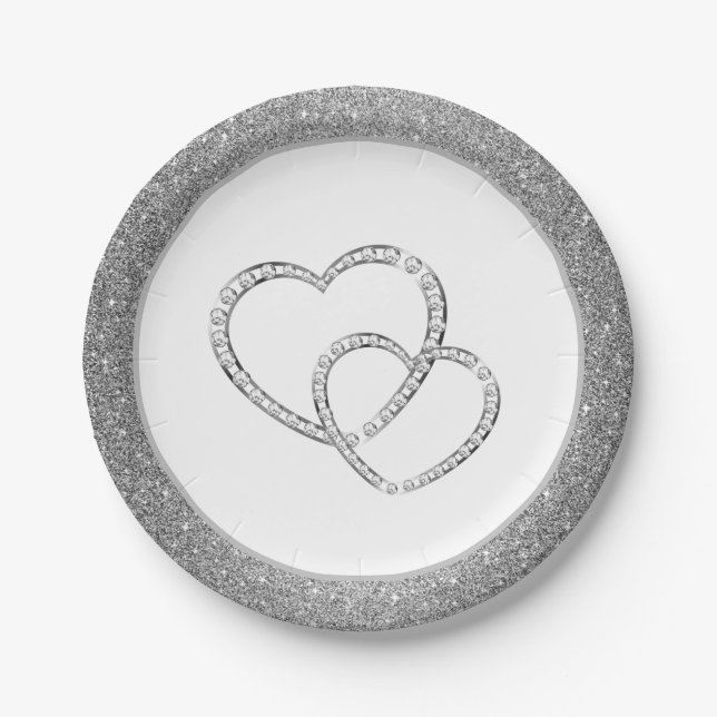 Wedding SLVR Glitter 7" Paper Plates-Two Hearts Plate (Front)