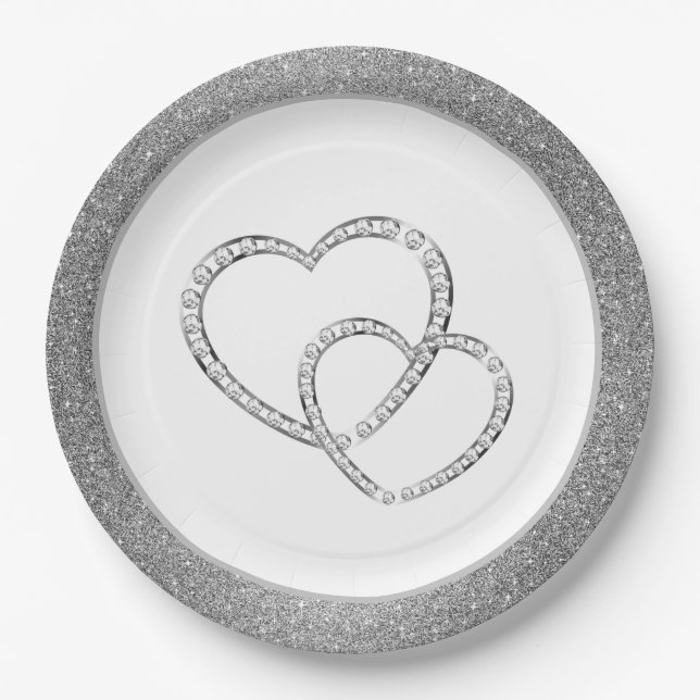 Wedding SLVR Glitter 9" Paper Plates-Two Hearts Plate (Front)