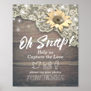 Wedding Snap Hashtag Lace Sunflower Wood Lights Poster