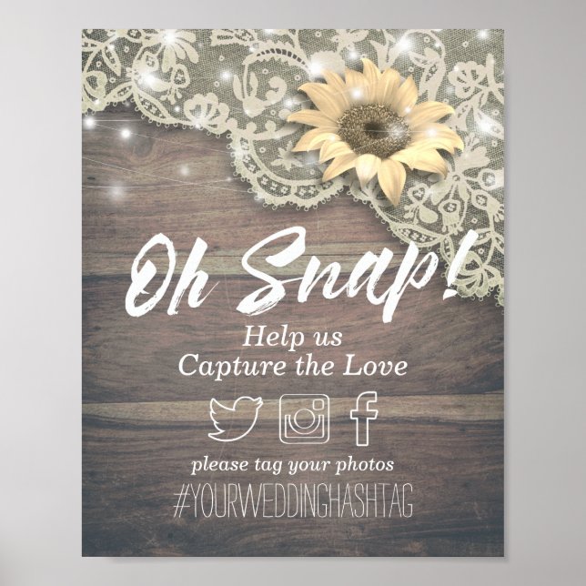 Wedding Snap Hashtag Lace Sunflower Wood Lights Poster (Front)
