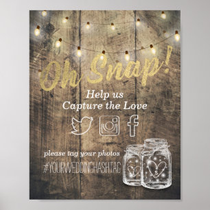 Wedding Snap Hashtag Rustic Wood Mason Jar Lights Poster