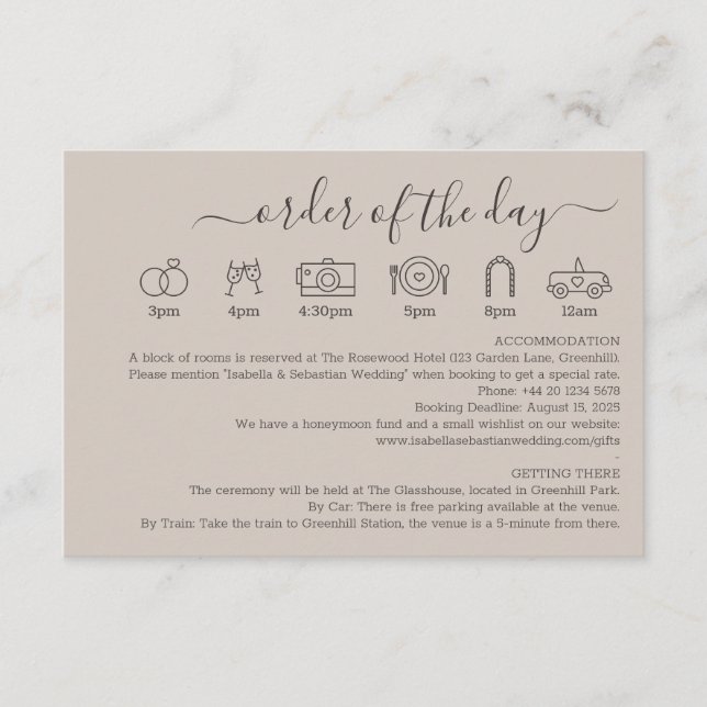 Wedding Soft Beige Details Order Of The Day Enclosure Card (Front)