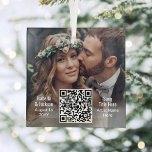 Wedding Song or Playlist QR Code & Photo Newlyweds Glass Tree Decoration<br><div class="desc">Celebrate a joyful 1st holiday as newlyweds with an elegant interactive QR code square glass Christmas ornament. Photo and all wording on this template are simple to personalize. (IMAGE PLACEMENT TIP: An easy way to center a picture exactly how you want is to crop it before uploading to the Zazzle...</div>