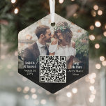 Wedding Song QR Code & Photo Newlyweds Hexagon Glass Tree Decoration<br><div class="desc">Celebrate a joyful 1st holiday as newlyweds with an elegant interactive QR code hexagon-shaped glass Christmas ornament. Photo and all wording on this template are simple to personalize. (IMAGE PLACEMENT TIP: An easy way to center a picture exactly how you want is to crop it before uploading to the Zazzle...</div>
