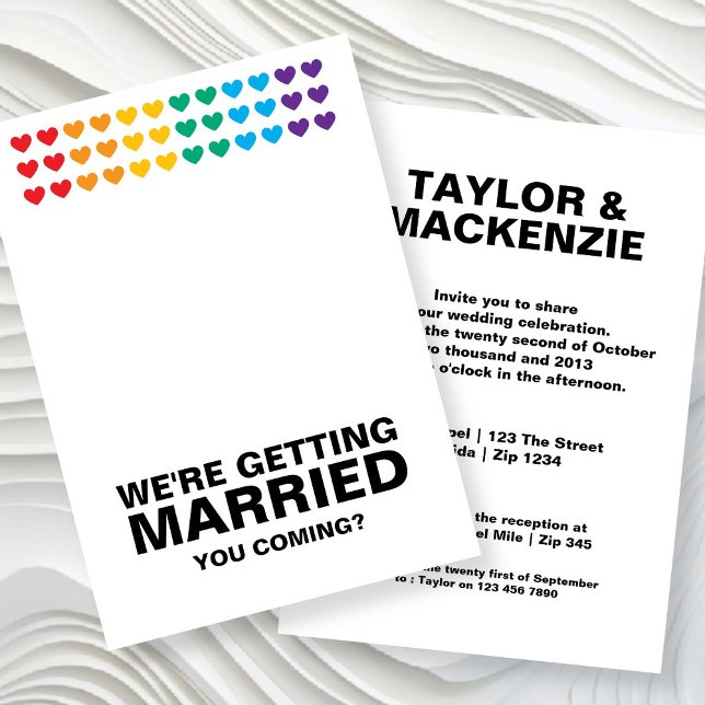 Wedding Sounds Gay Fun Rainbow Pride Invitation (Wedding Sounds Gay Fun Rainbow Pride Invitations by Ricaso. Same sex wedding invites with hearts)