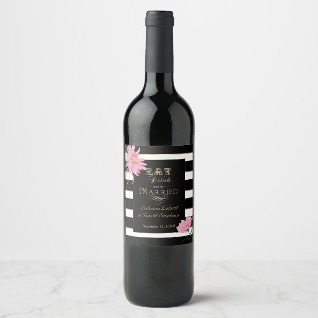 Wedding Sparkling Wine Pink Floral Black White Str Label (Front)