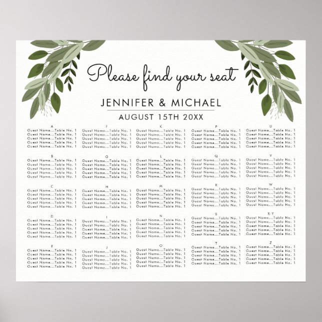 Wedding Sprigs - Alphabetical Seating Chart (Front)