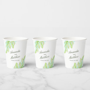 Wedding Spring green leaves custom name  Paper Cups