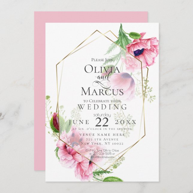 WEDDING | Spring Pink Poppy Floral Invitation (Front/Back)