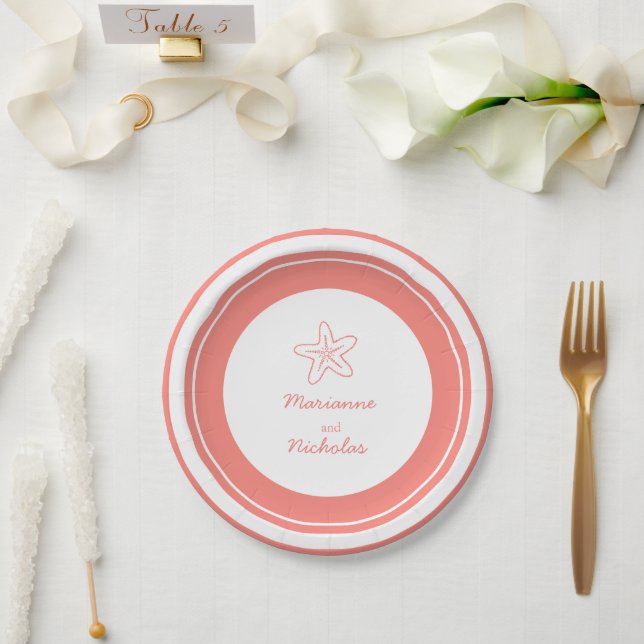 Wedding starfish orange white custom paper plate (Wedding)