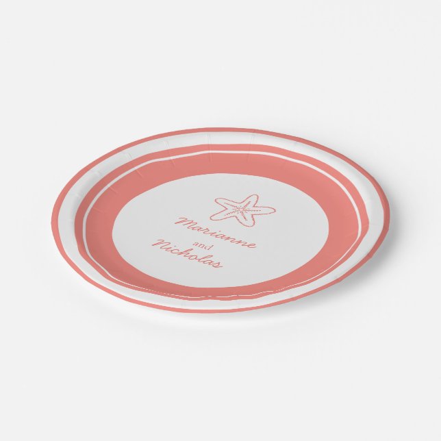 Wedding starfish orange white custom paper plate (Angled)