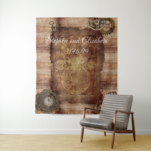 Wedding Steampunk Vintage Victorian Map Gear Tapestry (In Situ)