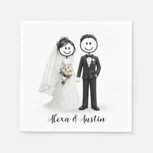Wedding Stick Figure Bride and Groom on Hearts Napkin