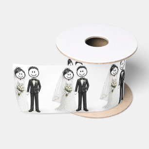 Wedding Stick Figure Bride and Groom on Hearts Satin Ribbon
