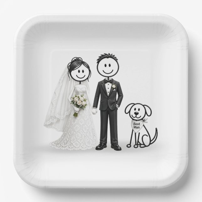 Wedding Stick Figures with Best Man Dog Paper Plate (Front)