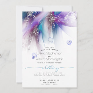 WEDDING | Striking Teal Purple Abstract Silver Invitation