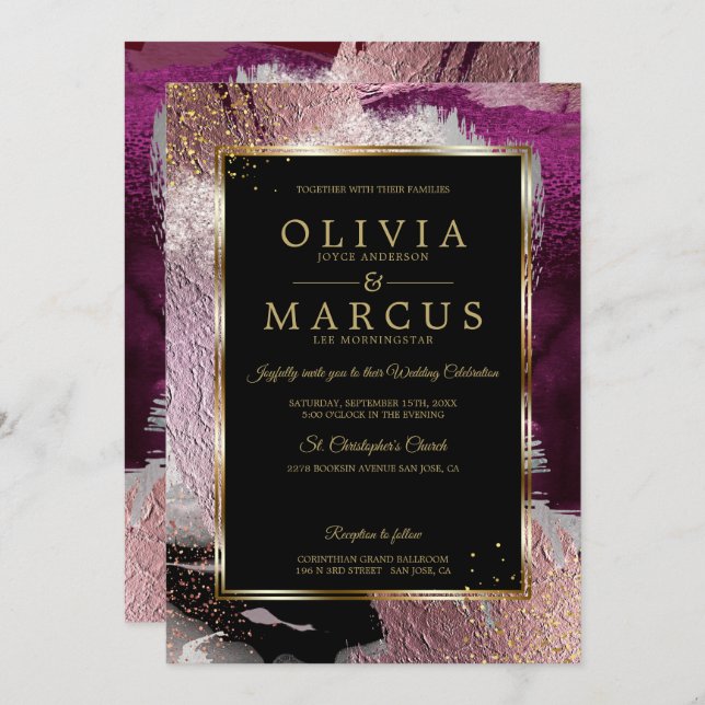 Wedding | Stunning Bold Cassis Plum Abstract Invitation (Front/Back)