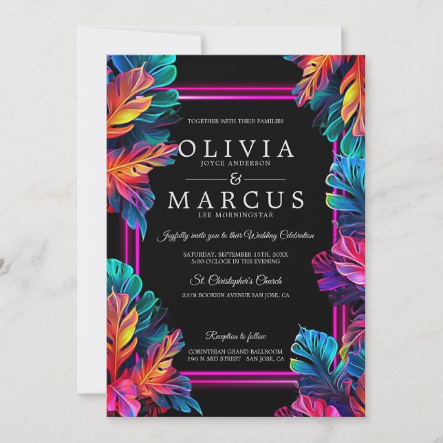 Wedding | Stunning Neon Tropical Foliage2 Invitation (Front)