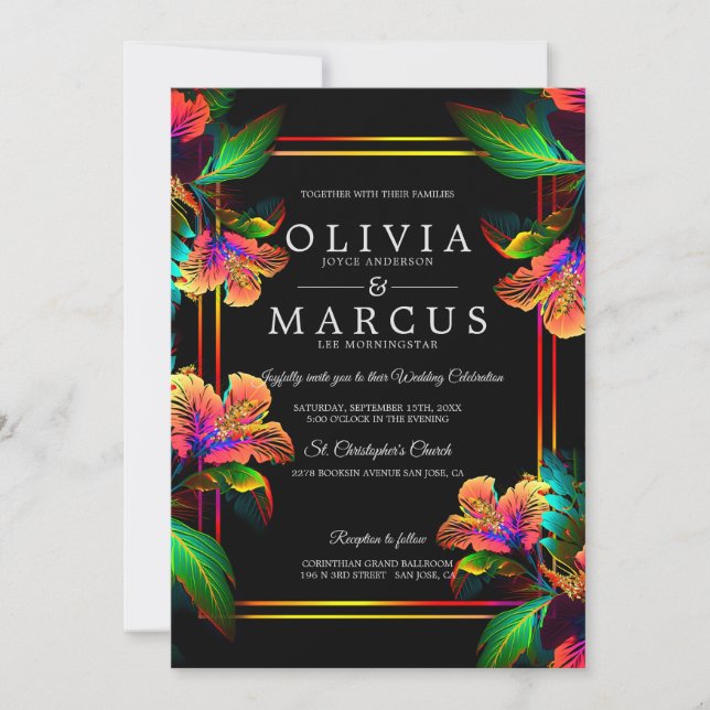 Wedding | Stunning Neon Tropical Hibiscus Invitation (Front)