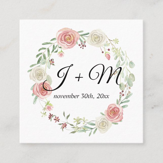 Wedding Suite Stacking Ribbon Blush Floral Wreath Square Business Card (Front)
