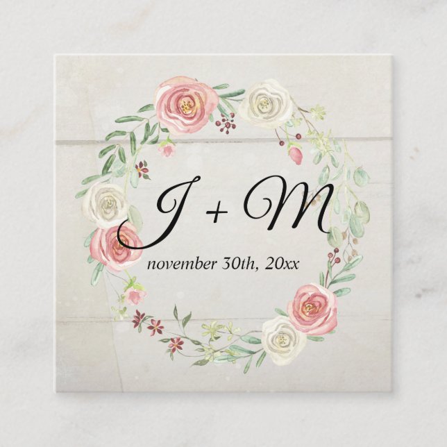 Wedding Suite Stacking Wooden Rustic Floral Wreath Square Business Card (Front)