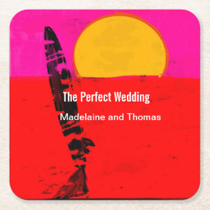 Wedding Summer Beach Retro Poster Square Paper Coaster