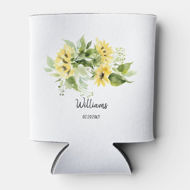 Wedding Sunflower Name and Date Can Cooler (Front)