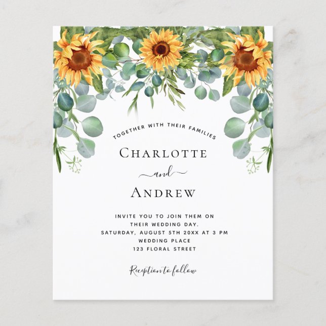 Wedding sunflowers eucalyptus dusty blue budget flyer (Front)
