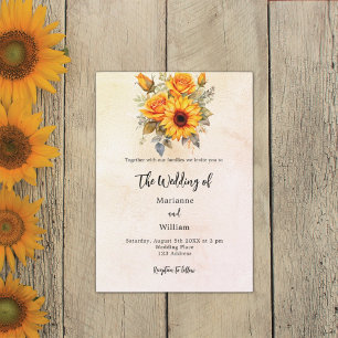 Wedding sunflowers greenery rustic yellow invitation
