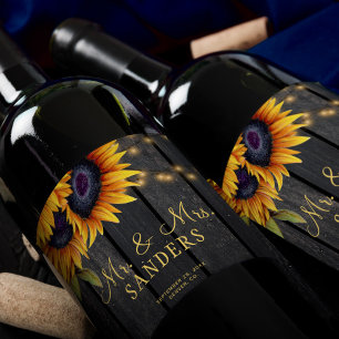 Wedding sunflowers rustic mr and mrs party wine label