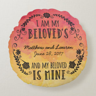 Wedding Sunset Watercolor, I Am My Beloved's Round Cushion