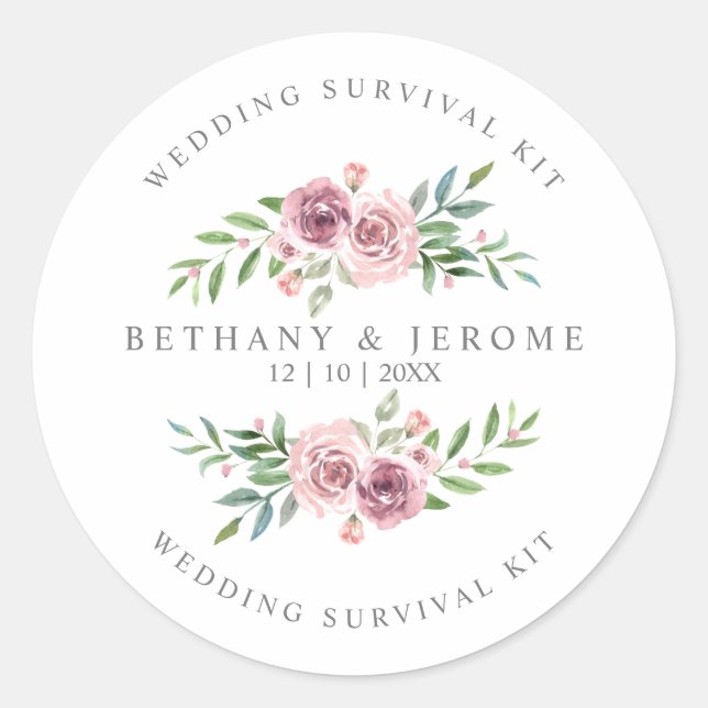 Wedding Survival Kit Quote on Pink Floral Garland Classic Round Sticker (Front)