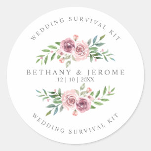 Wedding Survival Kit Quote on Pink Floral Garland Classic Round Sticker