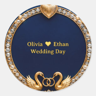 Wedding Swan With Blue Jewel Frame Classic Round Sticker