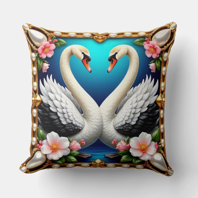 Wedding Swans Framed with Gold and Blossoms Cushion (Front)