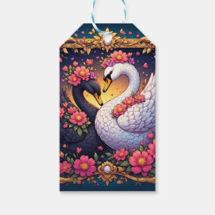 Wedding Swans Framed with Gold and Blossoms Gift Tags