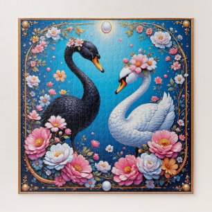 Wedding Swans Framed with Gold and Blossoms Jigsaw Puzzle