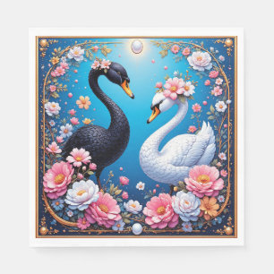 Wedding Swans Framed with Gold and Blossoms Napkin