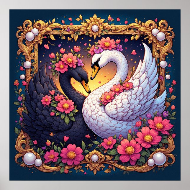 Wedding Swans Framed with Gold and Blossoms Poster (Front)