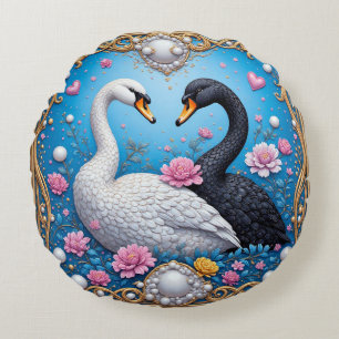 Wedding Swans Framed with Gold and Blossoms Round Cushion