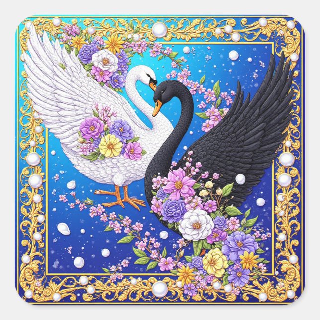 Wedding Swans Framed with Gold and Blossoms Square Sticker (Front)