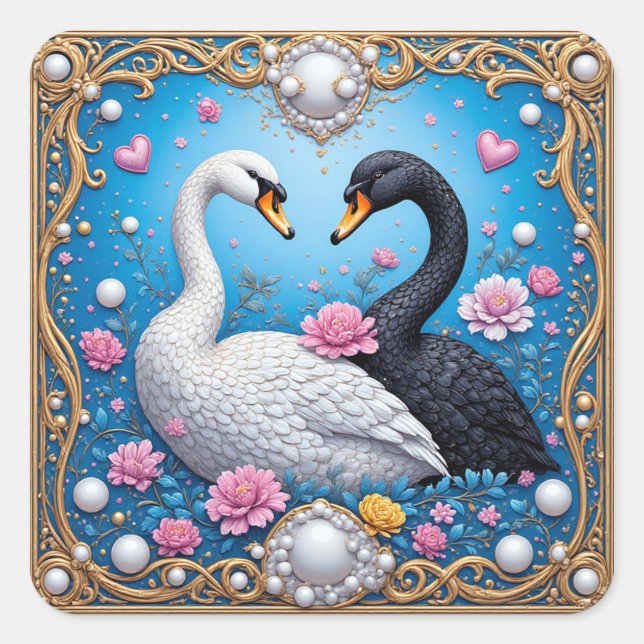 Wedding Swans Framed with Gold and Blossoms Square Sticker (Front)