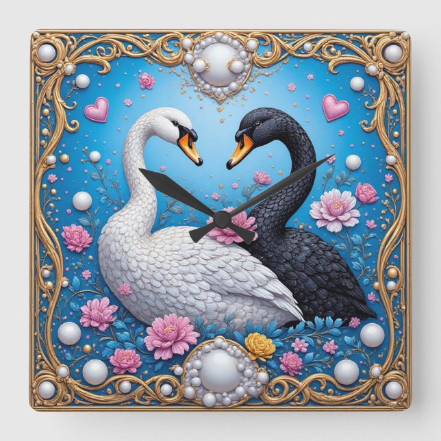 Wedding Swans Framed with Gold and Blossoms Square Wall Clock (Front)