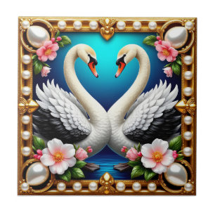 Wedding Swans Framed with Gold and Blossoms Tile