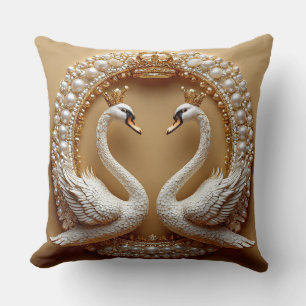 Wedding Swans Gold & Pearl Romantic Swan Love Bird Cushion