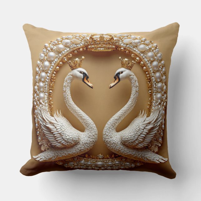 Wedding Swans Gold & Pearl Romantic Swan Love Bird Cushion (Front)