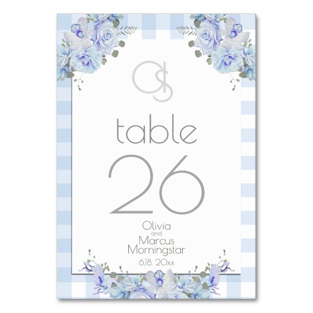 Wedding Table Card | Monogram Blue Floral BOHO (Front)