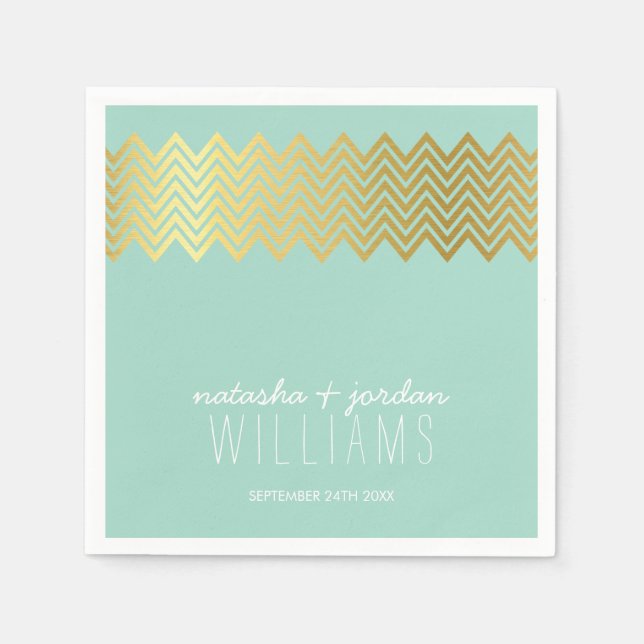 WEDDING TABLE DECOR chevron pattern gold mint Napkin (Front)